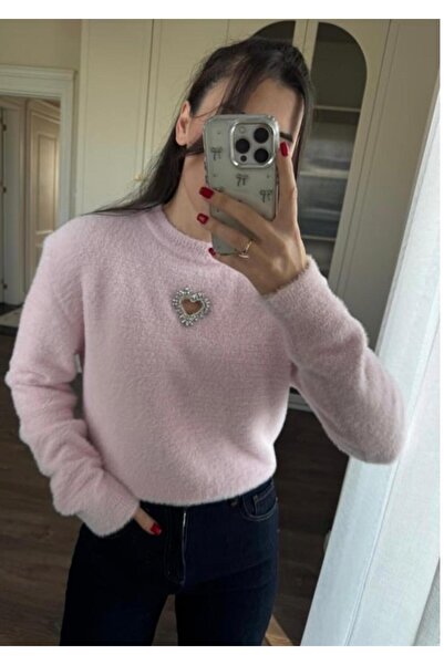 Genel Markalar Taşlı Kalp Detaylı Sakallı Pembe Kazak