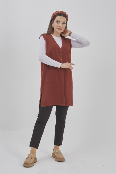 Elçelya Moda Жіночий трикотажний еластичний довгий сезонний жилет на ґудзиках