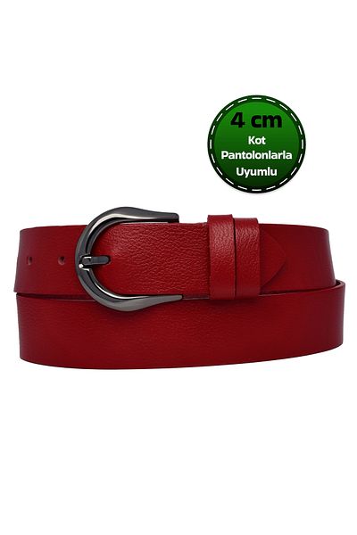 GoDeri Κόκκινη γυναικεία ζώνη 4 cm - 100% γνήσιο δέρμα, μαύρη αγκράφα νικελίου. Τζιν, αθλητική ζώνη