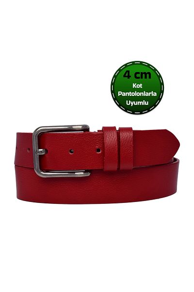 GoDeri 4 cm Red Women's Belt - 100% Genuine Leather, Black Nickel Set, Buckle Jeans and Sports Belt