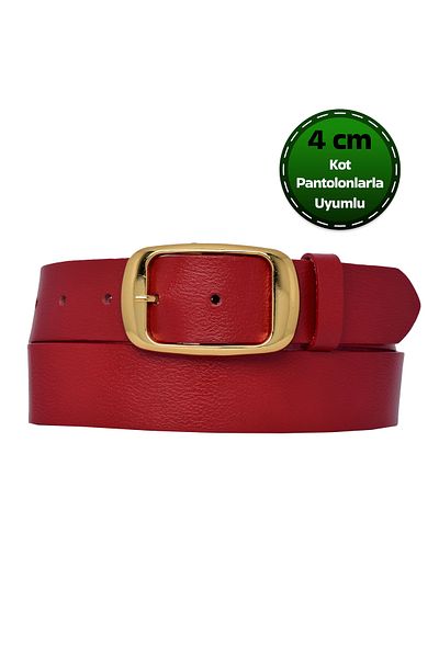 GoDeri جلد طبيعي 100%، جينز نسائي أحمر بإبزيم ذهبي، حزام رياضي 4 سم=an-byn-25
