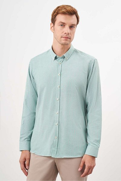 Morven Men's Green Trend Striped Panel Buttoned Lapel Regular Fit Shirt