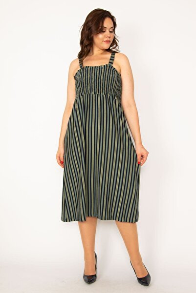 Şans Women's Large Size Khaki Chest Part Gipe Elastic Strap Dress 65n33481