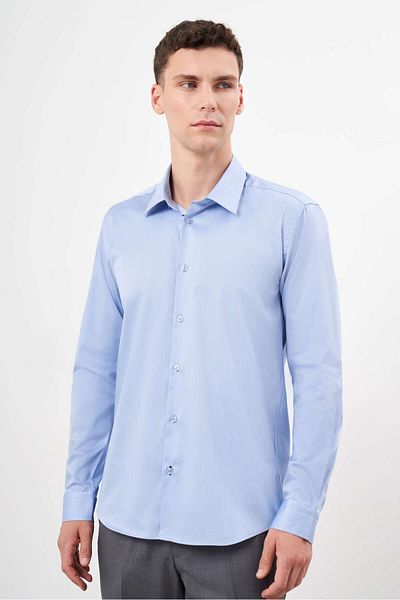 Morven Cămașă pentru bărbați, albastră, din bumbac, cu model uni, cu guler dur