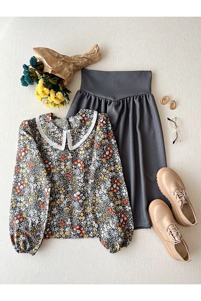KÜÇÜĞÜM BUTİK Bluză din popelin cu guler pentru bebeluși din dantelă florală vintage negru-albastru
