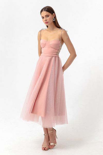 Lafaba Women's Powder Stone Strap Flared Cut Midi Evening Dress