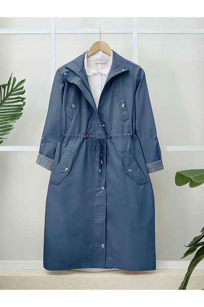 Modamorfo Indigo Organic Cotton Trench Coat - Tunnel Lace Up, Top Pocket Detail, Unlined and Washed