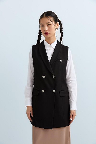 Nihan Black Double Breasted Shawl Collar Classic Vest