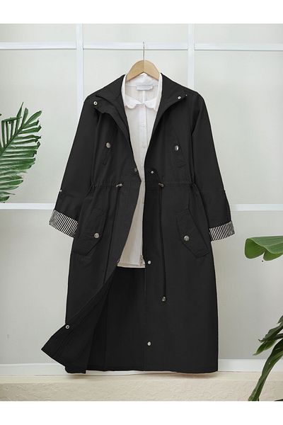 Modamorfo Tunnel Lace up Top Pocket Detailed Unlined Washed Organic Cotton Trench -Black