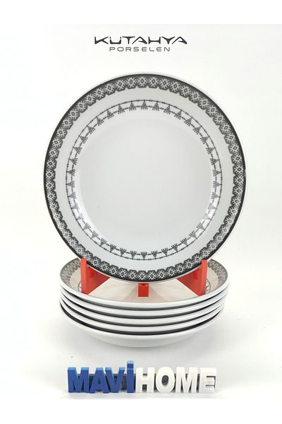 Kütahya Porselen 20 cm Pit Dinner Plate with Black Embroidered Edges Set of 6
