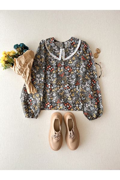 KÜÇÜĞÜM BUTİK Bluză din popelin cu guler pentru bebeluși din dantelă florală vintage negru-albastru