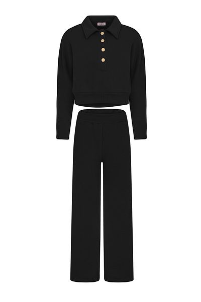 La Sarta Bella Padded Gold Button Black Tracksuit Set