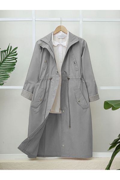 Modamorfo Organic Trench Coat Koton - Γκρι, κορδόνι τούνελ, λεπτομέρεια επάνω τσέπης και χωρίς επένδυση