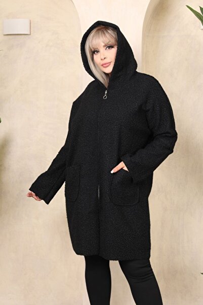Efour Hooded Women's Plus Size Boucle Coat with Zipper Pockets