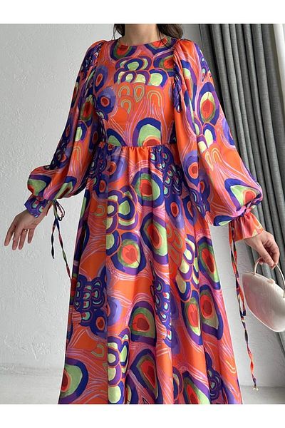 MELEK ARAZ Rochie portocalie cu model pastel
