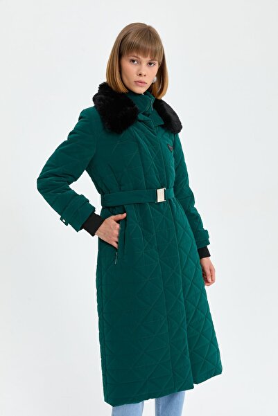 Nihan Kürk Yakalı Kapitone Kaban Zümrüt