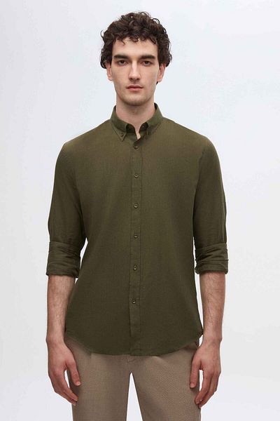D'S Damat Khaki Slim Fit Hemd - 100% Baumwolle, geknöpfter Kragen, geflammte Leinenoptik Sommer