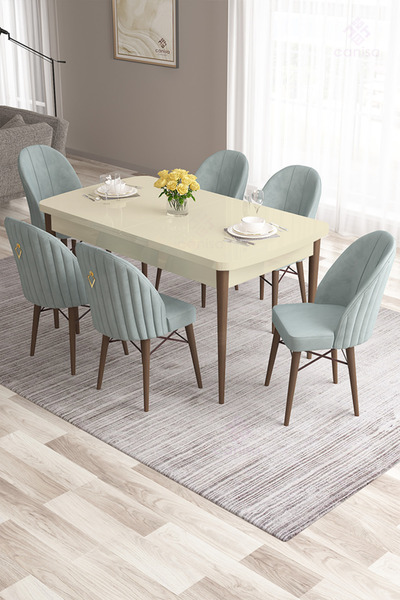 Canisa Roz Serisi 80x132 Mdf Krem Masa Ceviz Ayak Mutfak Masası 6 Su Yeşili S...