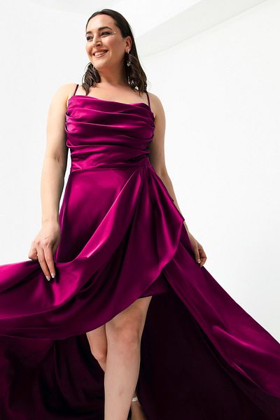 Lafaba Women's Plum Flounce Slit Plus Size Satin Evening Dress Graduation Dress