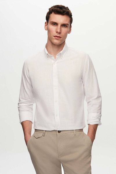 D'S Damat Ecru Slim Fit Summer Shirt - 100% Cotton, Button Collar, Flame Linen Look