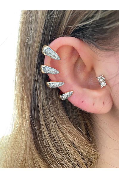 Pinery Jewels Claw Model Women's Cartilage Earrings with Stones and Plated Brass Overlay