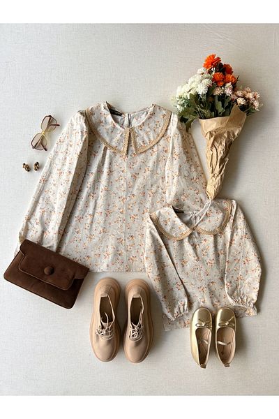 KÜÇÜĞÜM BUTİK Vintage Κρεμ-Καφέ Floral Βρεφικός Γιακάς Mother-Daughter Παιδική Μπλούζα Ποπλίνα (Πωλείται Μονό)