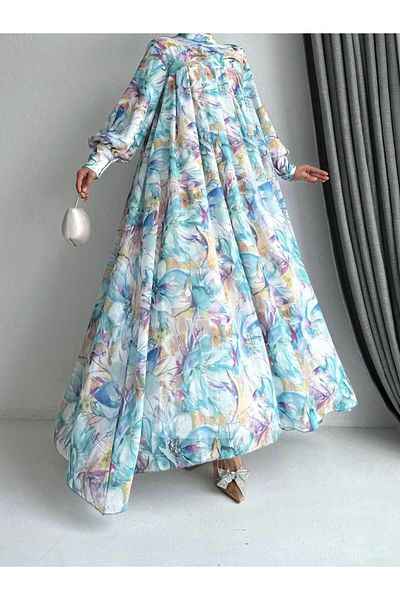 MELEK ARAZ Rochie albastră cu model de flori Nilay