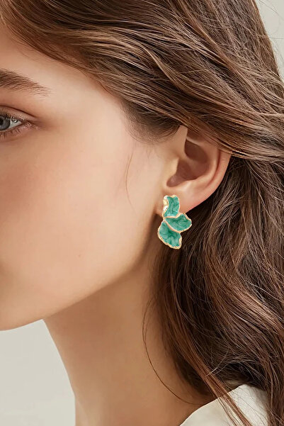 Glaren Yeşil Mineli Kanat Altın Renk Kadın Küpe