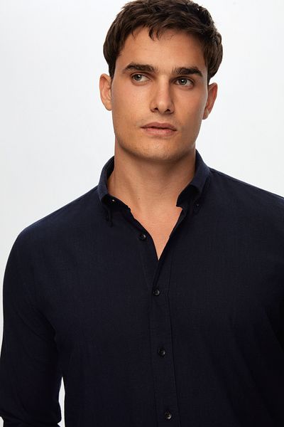 D'S Damat Navy Blue Slim Fit Summer Flamed Linen Look Bavlněná košile - límec s knoflíky