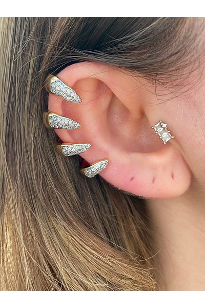 Pinery Jewels Claw Model Women's Cartilage Earrings with Stones and Plated Brass Overlay