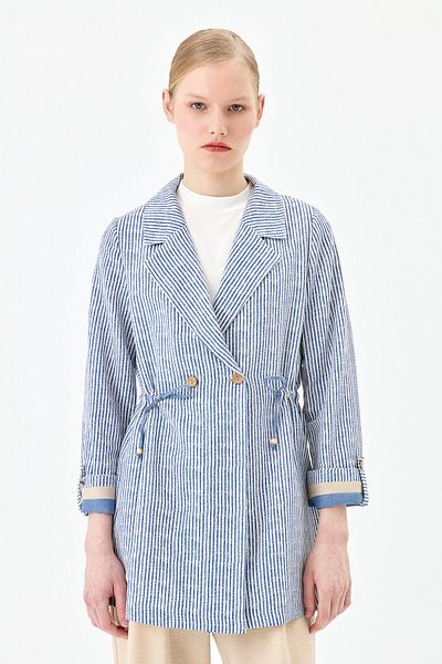 Nihan Indigo Linen Jacket - Drawstring Waist and Striped