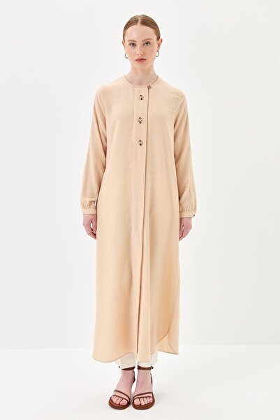 Nihan Deniz Kabuğu Aksesuarlı Keten Ferace Bej