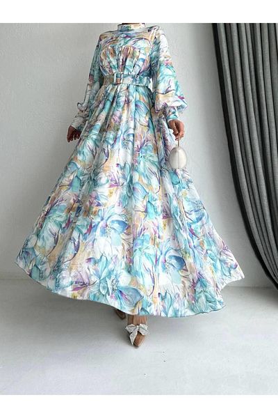 MELEK ARAZ Rochie albastră cu model de flori Nilay