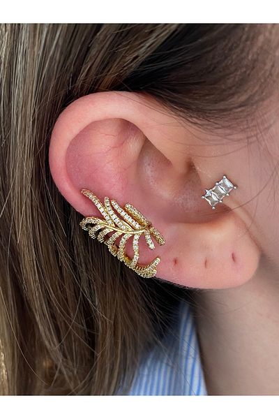 Pinery Jewels Zircon Stone Leaf Women's Brass over Plated Cartilage Earrings