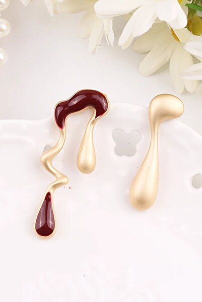 Glaren Asimetrik Tasarım Bordo Mineli Kadın Küpe