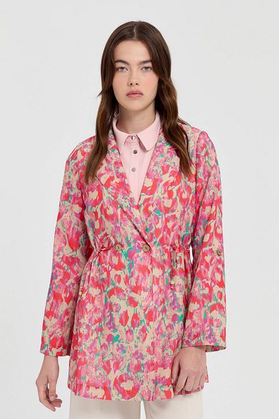 Nihan Coral Colored Double Breasted Linen Jacket - Gathered