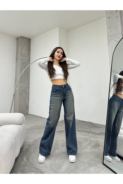 BİKELİFE Women's Navy Blue Pale Effect Lycra High Waist Wide Leg Loose, Salaş Palazzo Jeans