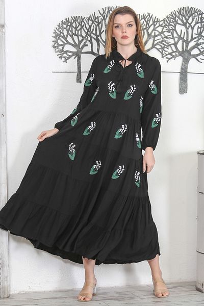 Chiccy Black Prevailing Collar Balloon Sleeve Skirt Frilly Tassel Embroidered Casual Woven Dress