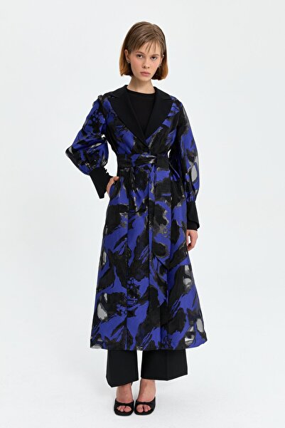 Nihan Jakarlı Kuşaklı Şık Uzun Ceket Saks