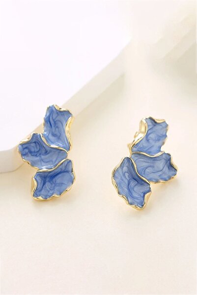 Glaren Mavi Mineli Kanat Altın Renk Kadın Küpe