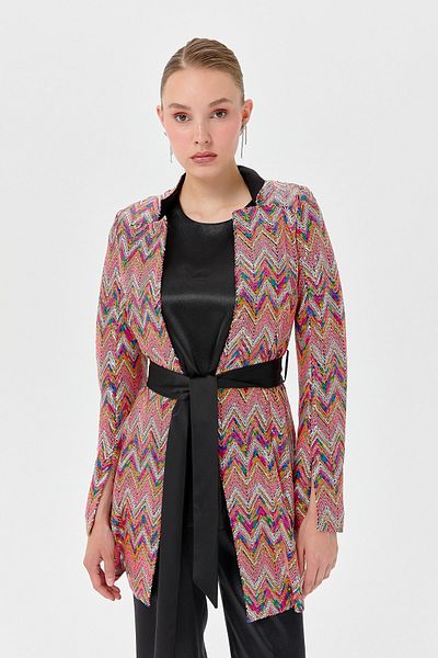 Nihan Coral Colored Sequin Belted Stylish Jacket