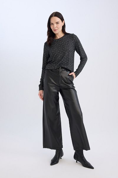 DeFacto Grey Regular Fit Crew Neck Polka Dot Long Sleeve T-Shirt D7488Ax24Au