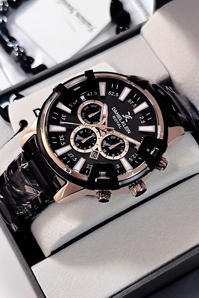 Daniel Klein Royal Men's Black Wrist Watch - 3 Atm Waterproof with Steel Band Gift Bracelet Dke2009C4