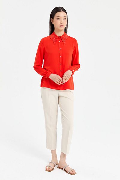 Nihan Coral Colored Pearl Collared Shirt