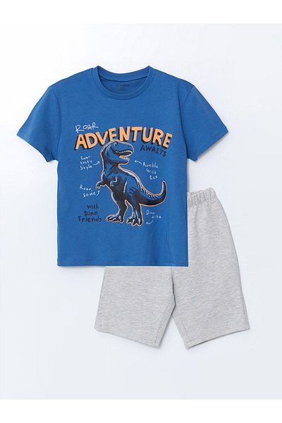 LC Waikiki Crew Neck Dinosaur Printed Boys' T-Shirt and Shorts 2-Piece