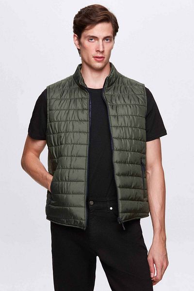 D'S Damat Khaki Seasonal Vest Coat - Stand Collar, Fiber Filled, Zippered Regular Fit