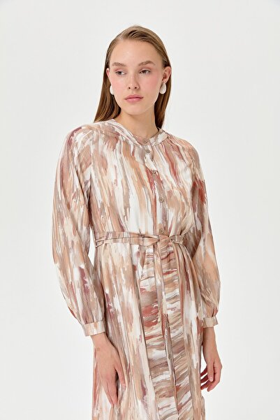 Nihan Eteği Büzgülü Empirme Elbise Bej