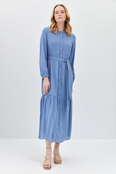 Nihan Eteği Fırfırlı Kolu Lastikli Elbise Mavi