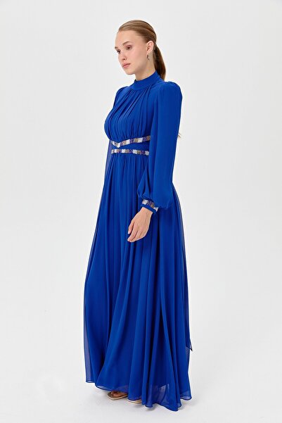 Nihan Evening Dress Saks with Stones on the Waist and Sleeves