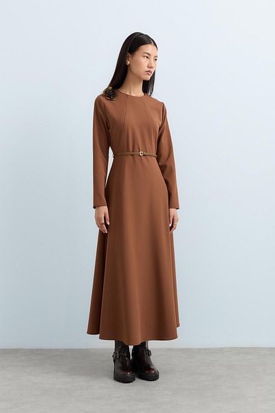 Nihan Light Brown Belted Dress with Brooch Detail